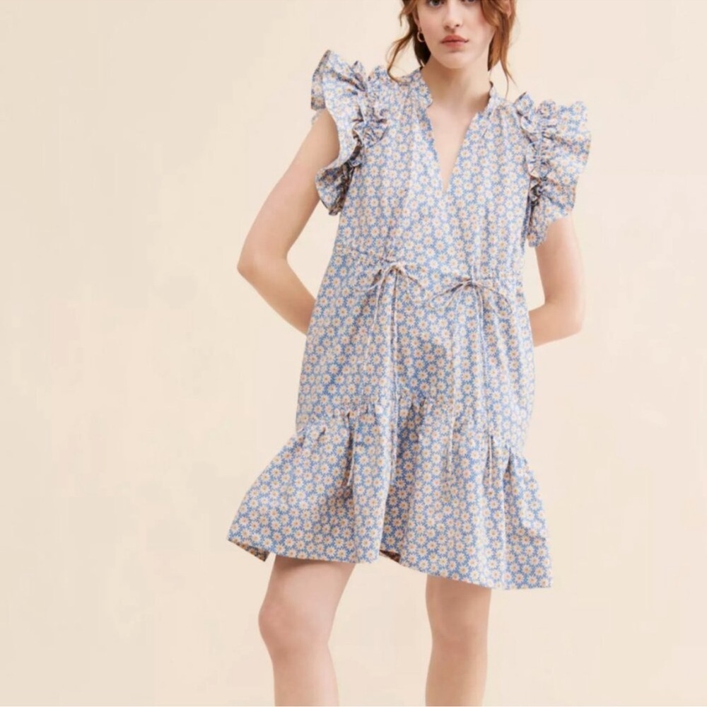 By Anthropologie Ruffle Short Sleeve Mini Dress Blue Floral Tie Waist Size Large